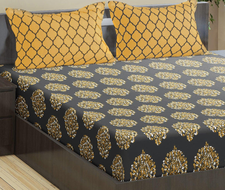 Cotton King Printed Fitted Bedsheet with 2 Pillow Covers (Damask/Dori 100% Cotton & 200 TC) - Trance Home Linen
