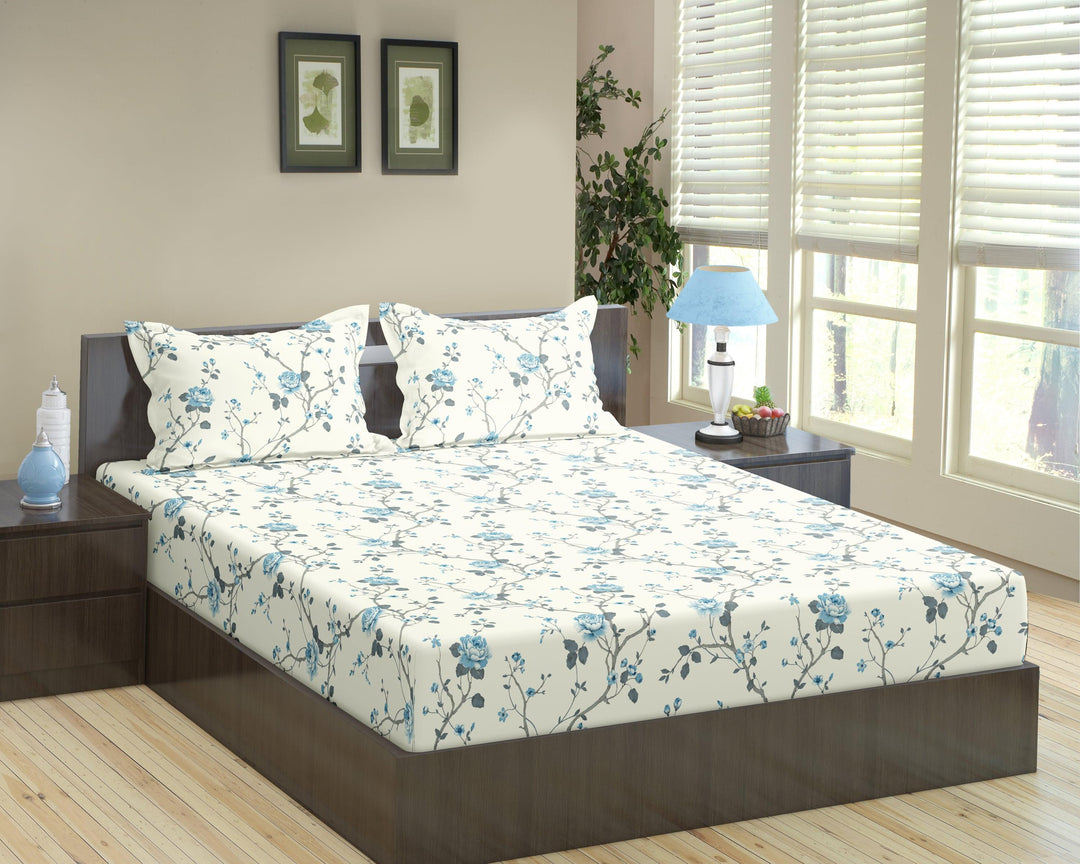 Cotton Printed Fitted Bedsheet with Pillow Covers (Aster 100% Cotton & 180 TC) - Trance Home Linen
