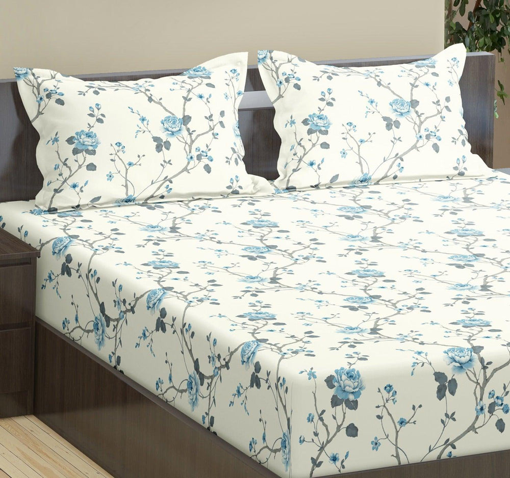 Cotton Printed Fitted Bedsheet with Pillow Covers (Aster 100% Cotton & 180 TC) - Trance Home Linen