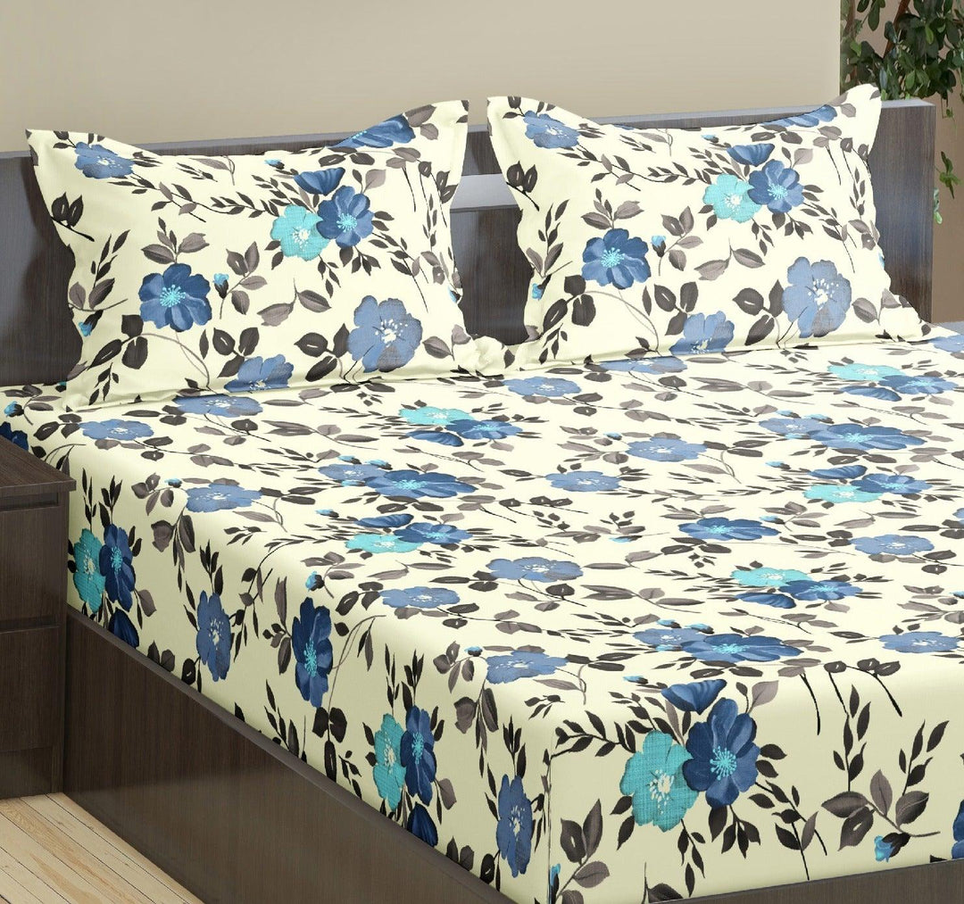 Cotton Printed Fitted Bedsheet with Pillow Covers (Blooms 100% Cotton & 180 TC) - Trance Home Linen