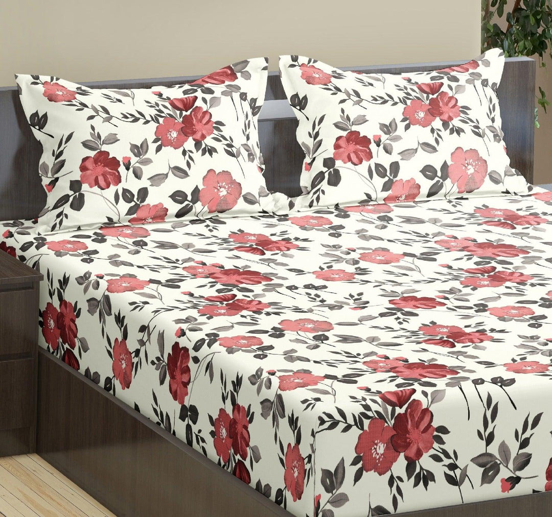 Cotton Printed Fitted Bedsheet with Pillow Covers (Blooms 100% Cotton & 180 TC) - Trance Home Linen