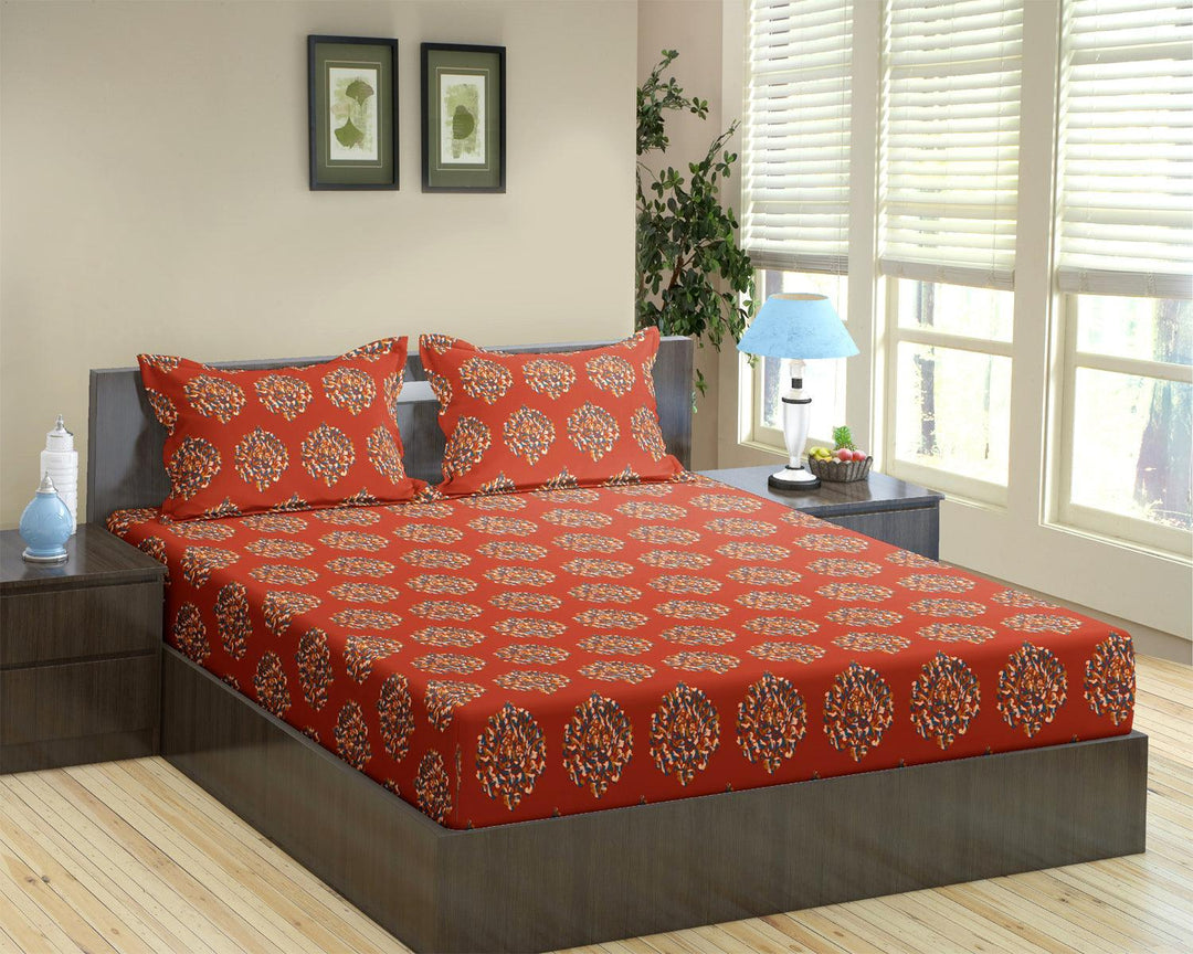 Cotton Printed Fitted Bedsheet with Pillow Covers (Damask 100% Cotton & 200 TC) - Trance Home Linen