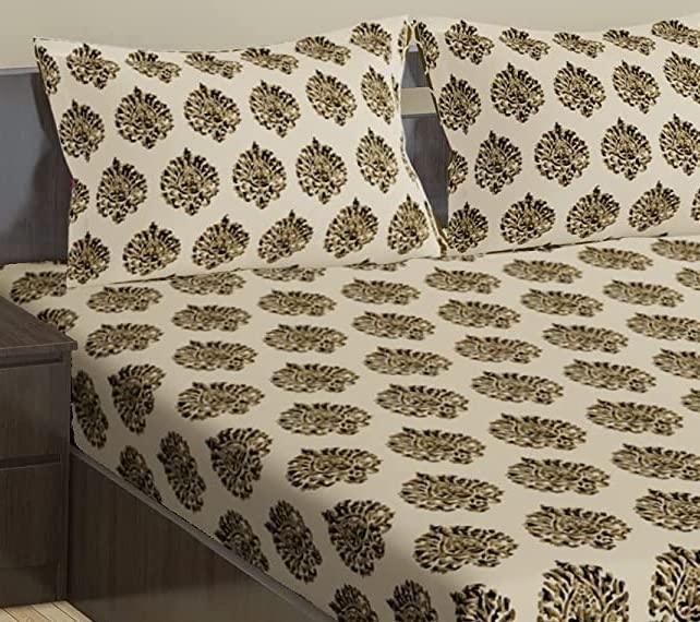 Cotton Printed Fitted Bedsheet with Pillow Covers (Damask 100% Cotton & 200 TC) - Trance Home Linen
