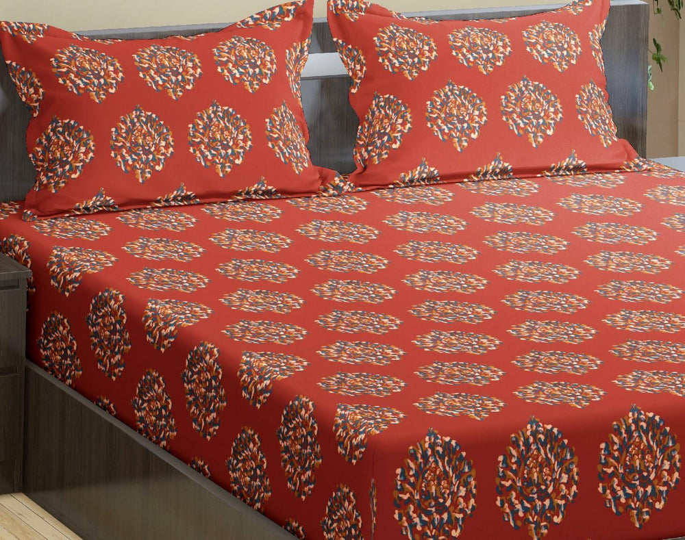 Cotton Printed Fitted Bedsheet with Pillow Covers (Damask 100% Cotton & 200 TC) - Trance Home Linen