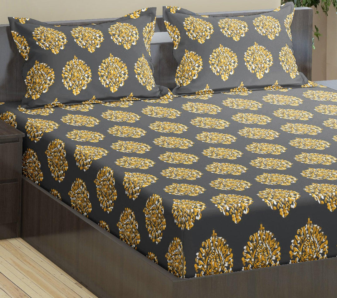 Cotton Printed Fitted Bedsheet with Pillow Covers (Damask 100% Cotton & 200 TC) - Trance Home Linen