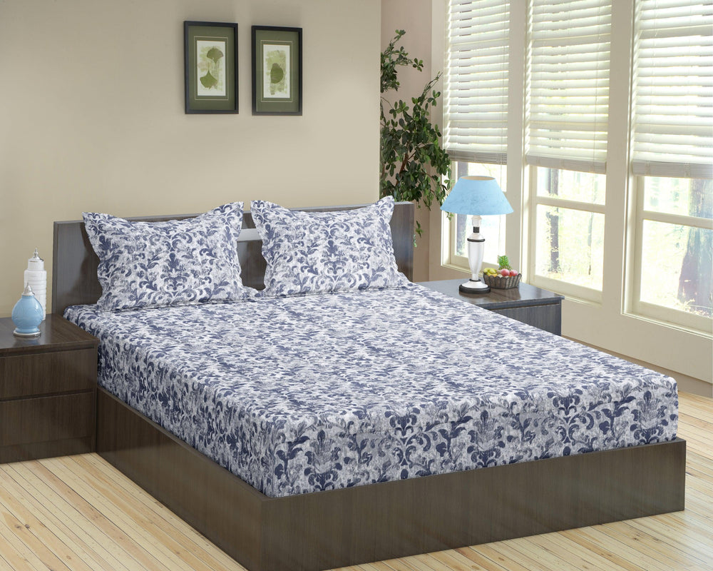 Cotton Printed Fitted Bedsheet with Pillow Covers (Royal 100% Cotton & 180 TC) - Trance Home Linen
