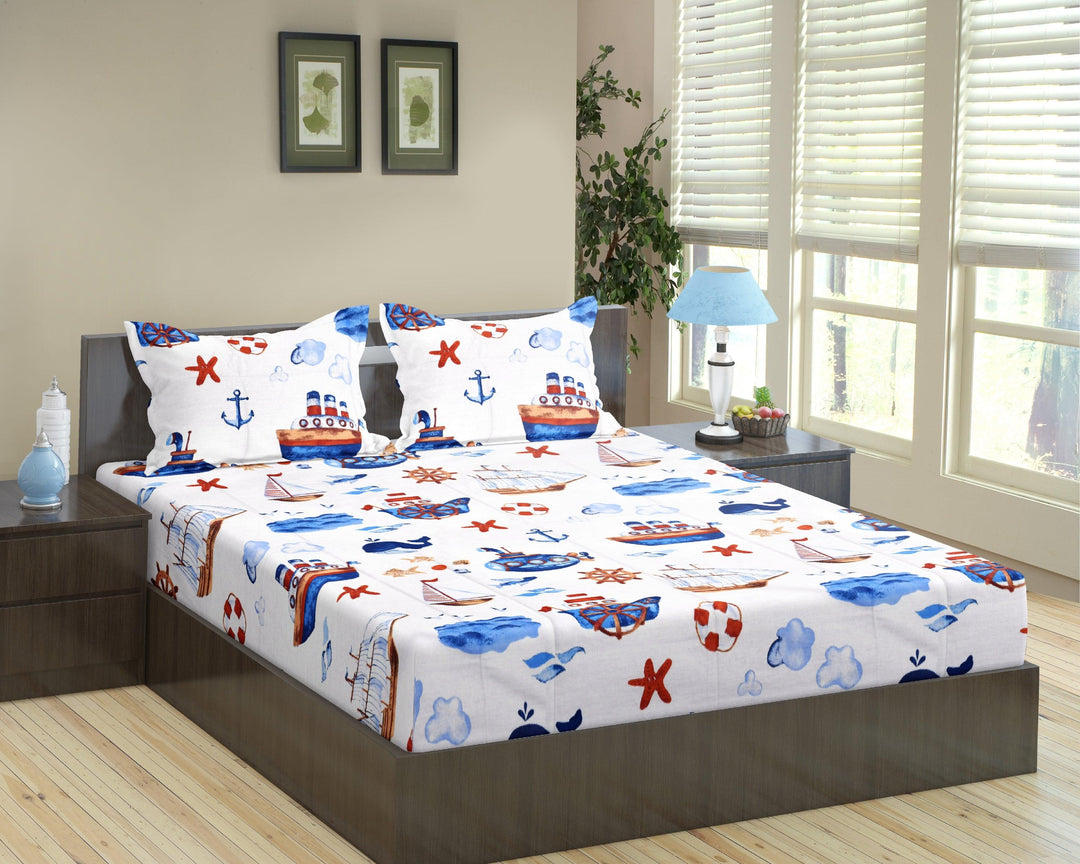 Cotton Printed Fitted Kids Bedsheet with Pillow Covers (Boats 100% Cotton & 180 TC) - Trance Home Linen