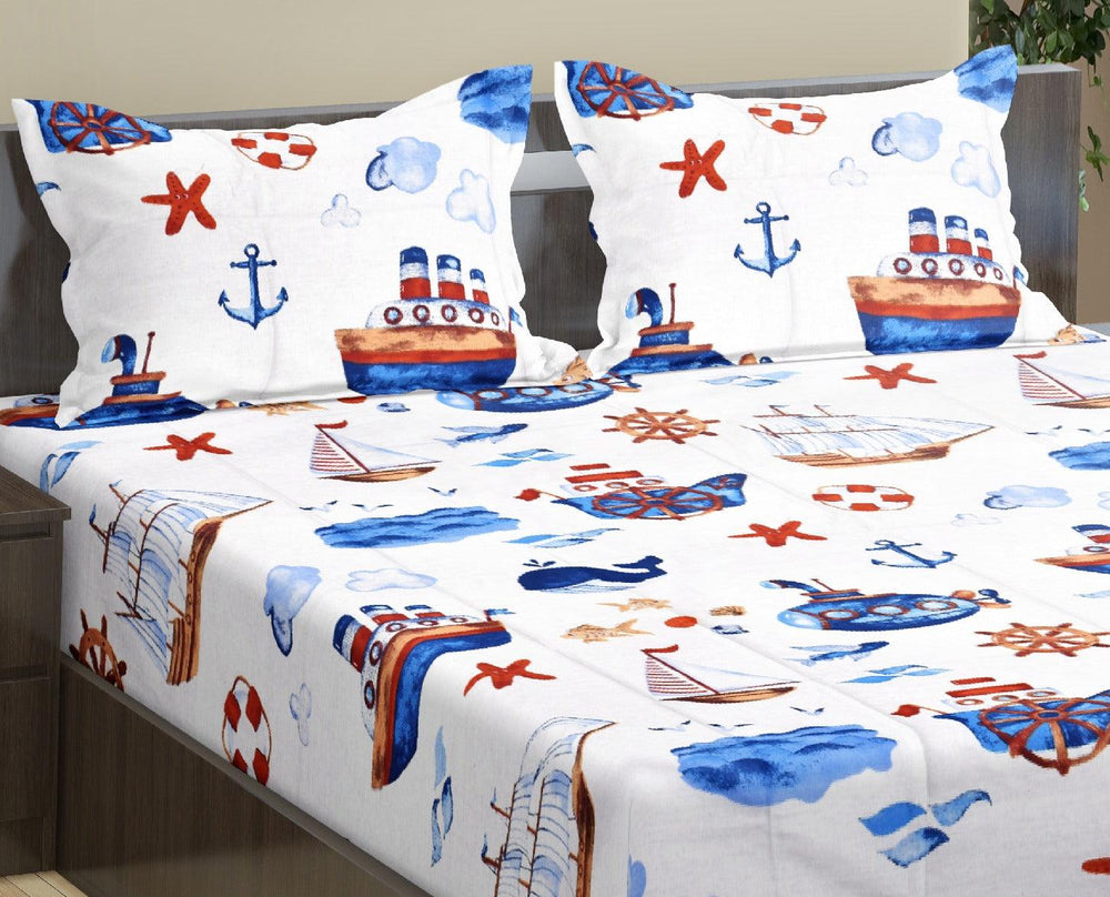 Cotton Printed Fitted Kids Bedsheet with Pillow Covers (Boats 100% Cotton & 180 TC) - Trance Home Linen