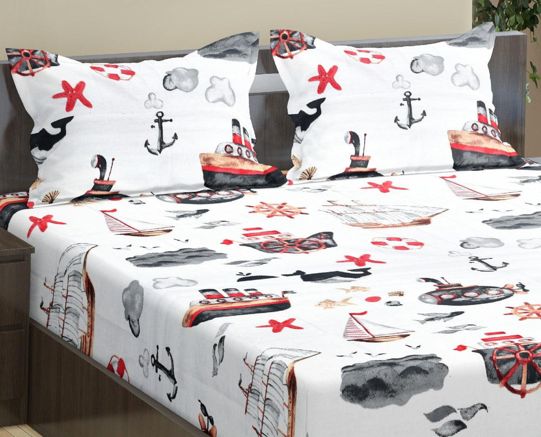 Cotton Printed Fitted Kids Bedsheet with Pillow Covers (Boats 100% Cotton & 180 TC) - Trance Home Linen