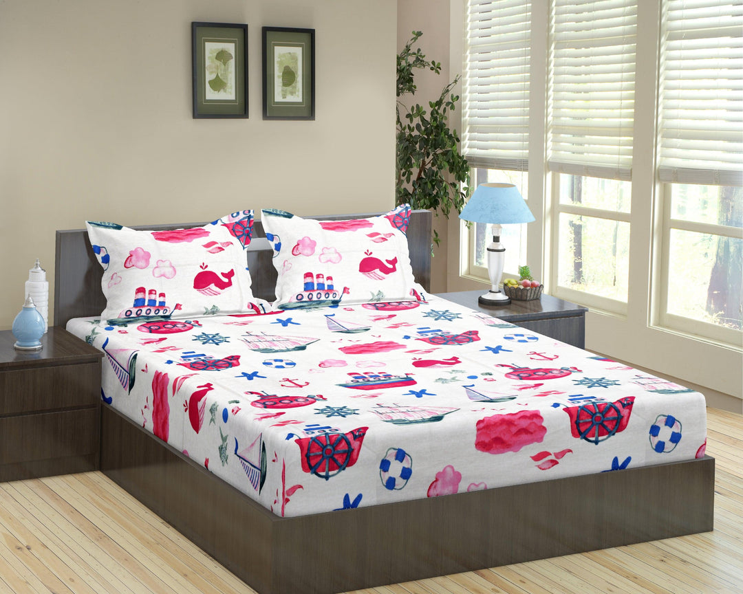 Cotton Printed Fitted Kids Bedsheet with Pillow Covers (Boats 100% Cotton & 180 TC) - Trance Home Linen