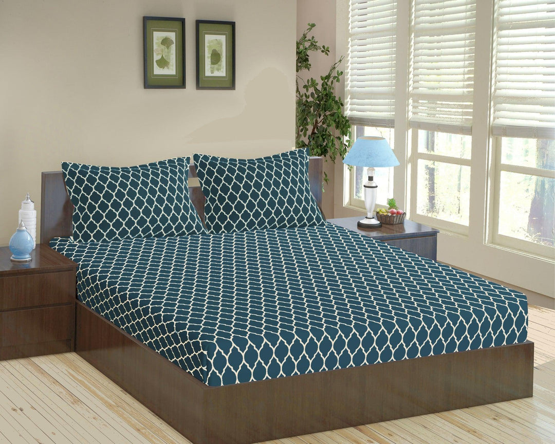 Cotton Printed Queen Fitted Bedsheet with 2 Pillow Covers (Dori 100% Cotton & 200 TC) - Trance Home Linen