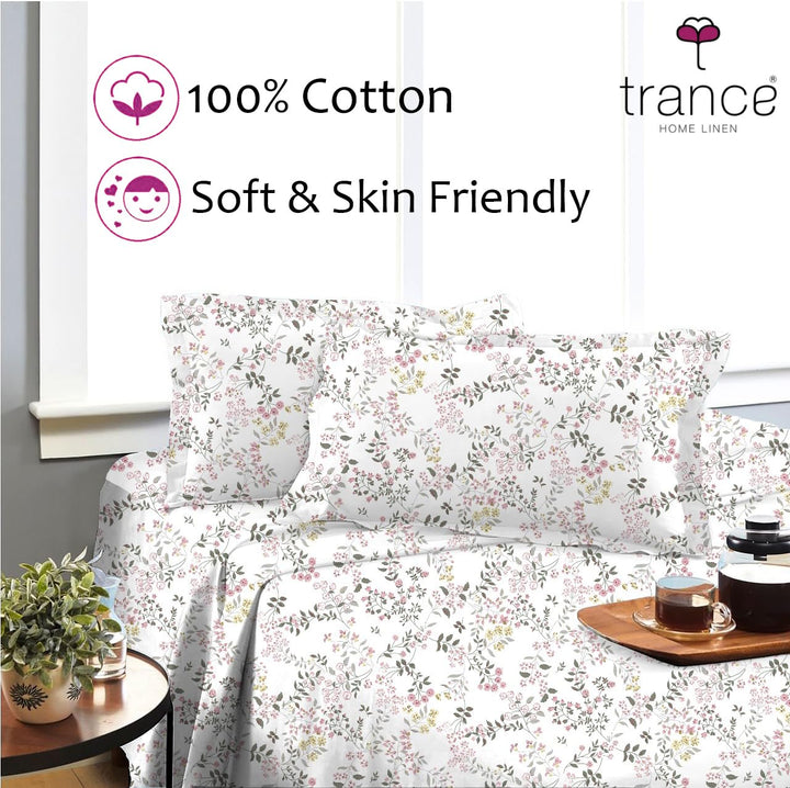 180TC 100% Cotton Printed Fitted Bedsheet with Pillow Cover