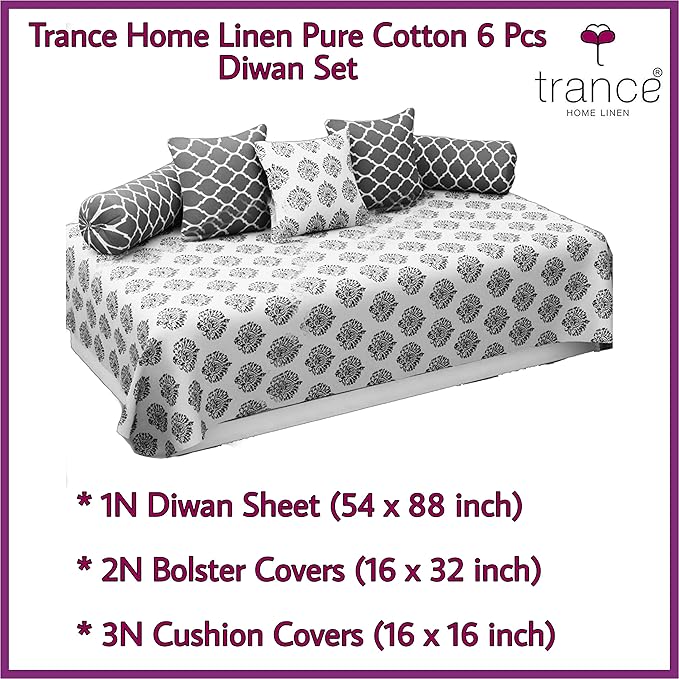 Cotton  Printed 6 Pcs Diwan Set (100% Cotton & 108 TC) Madhuban Jaal Green & Yellow