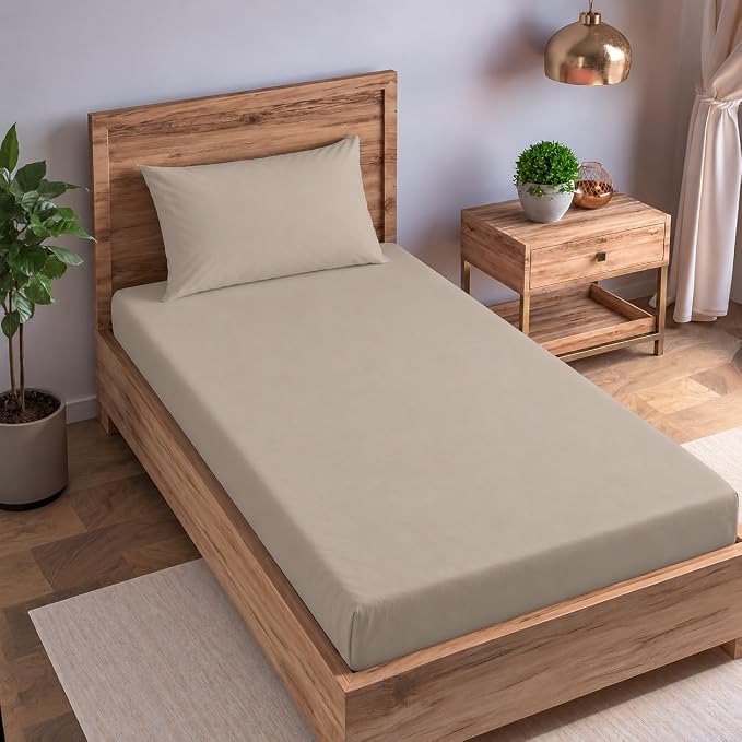 Single size Cotton Percale Fitted Bedsheet with 2 Pillow Cover (100% Cotton & 200 TC)