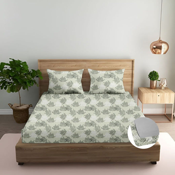Cotton Printed Fitted Bedsheet with Pillow Covers (Ferns Paradise 100% Cotton &144 TC)