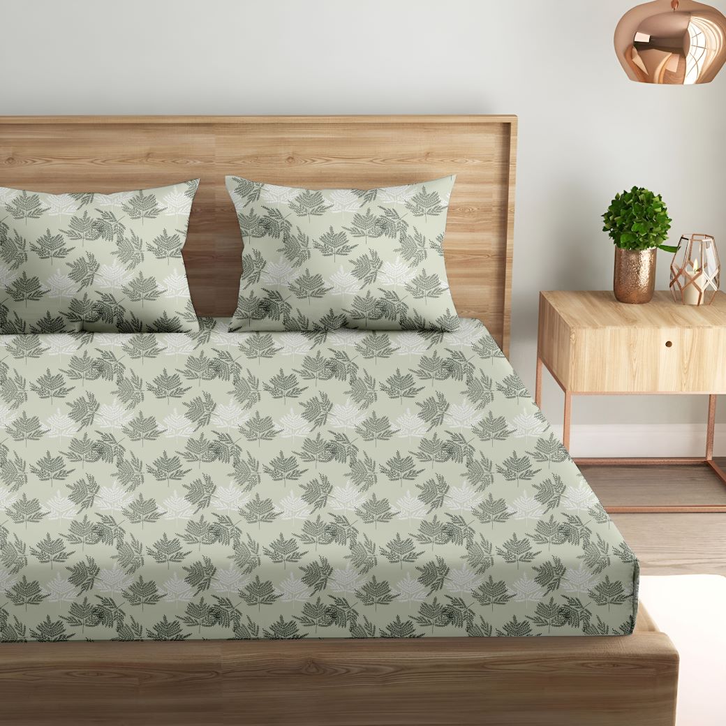 Cotton Printed Fitted Bedsheet with Pillow Covers (Ferns Paradise 100% Cotton &144 TC)