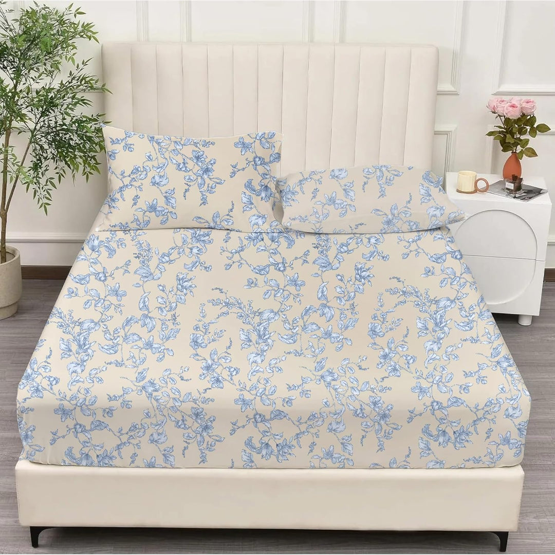 100% Cotton 210 TC Cotton Printed Fitted Bedsheet with Pillow Covers - Grape Vine