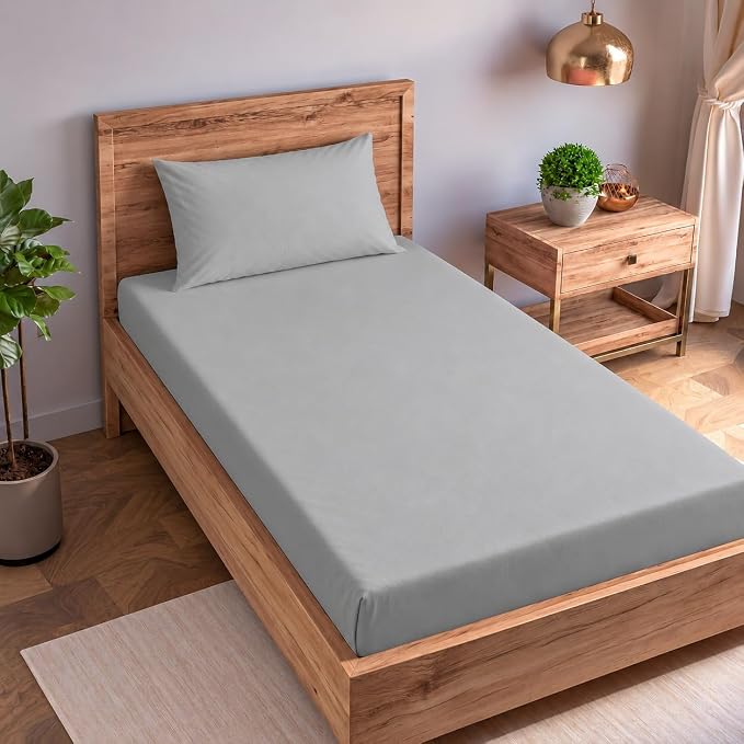 Single size Cotton Percale Fitted Bedsheet with 2 Pillow Cover (100% Cotton & 200 TC)