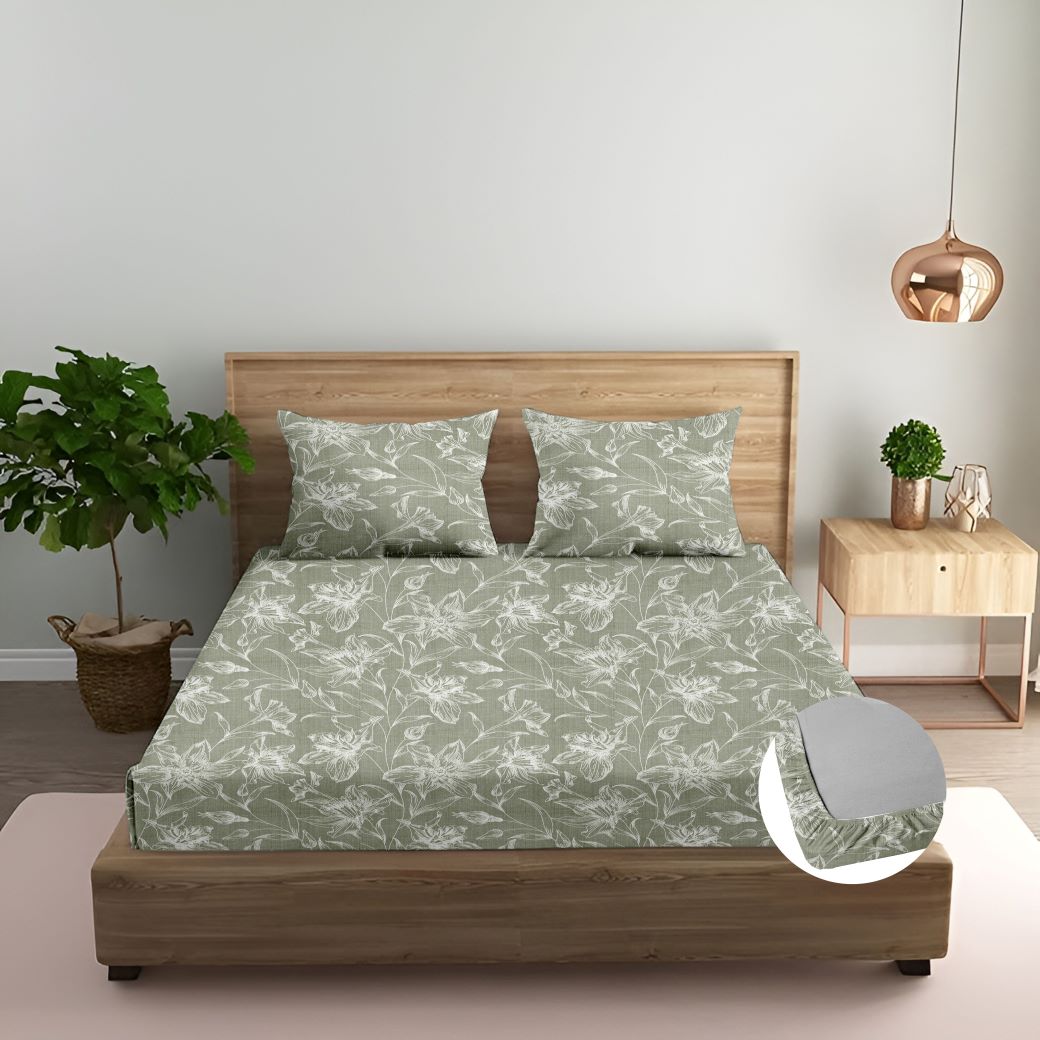 100% Cotton 144TC Printed Fitted Bedsheet with Pillow Covers - Serenity collection