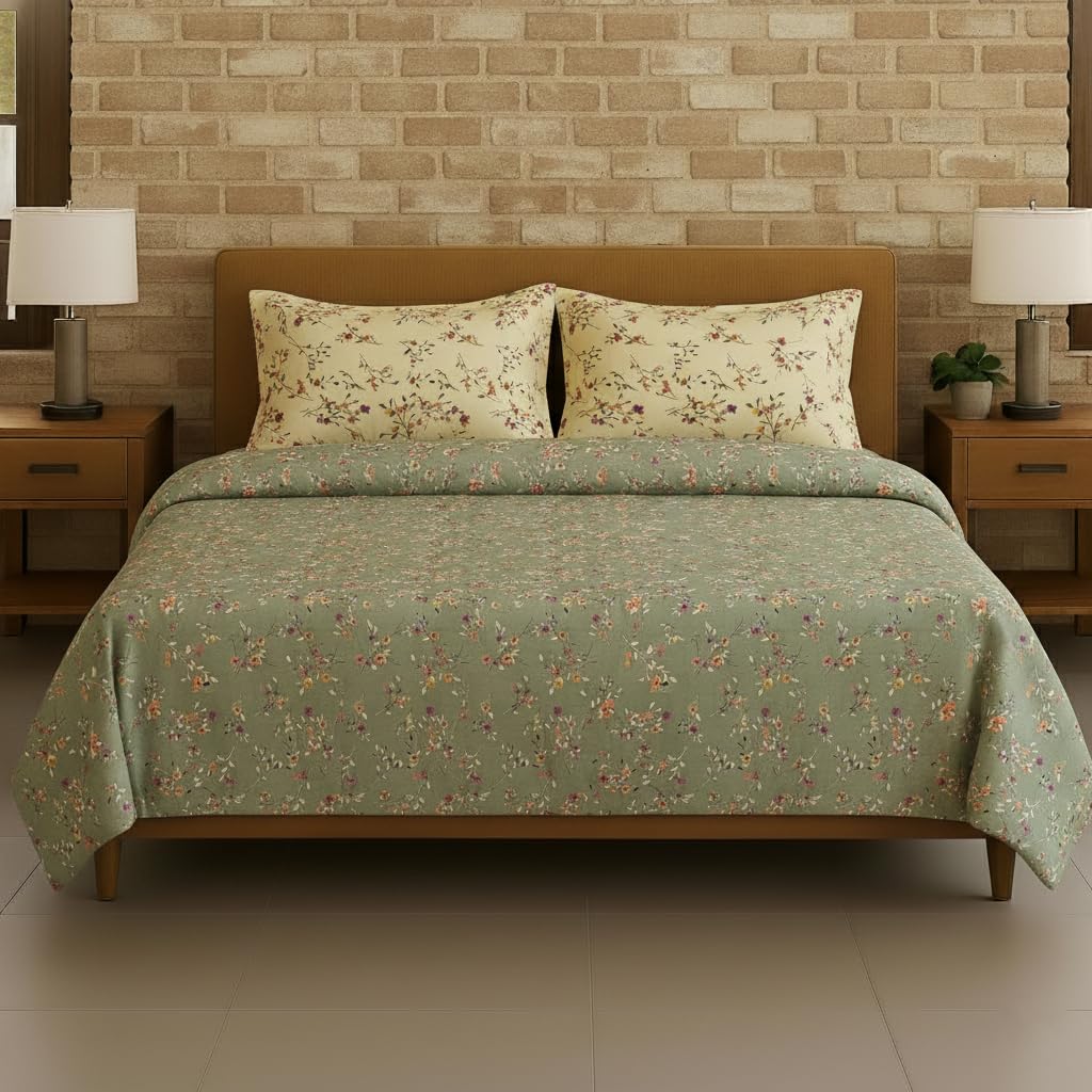 100% Cotton 180TC Printed Flat Bedsheet with Pillow Covers - Lilly ivory green