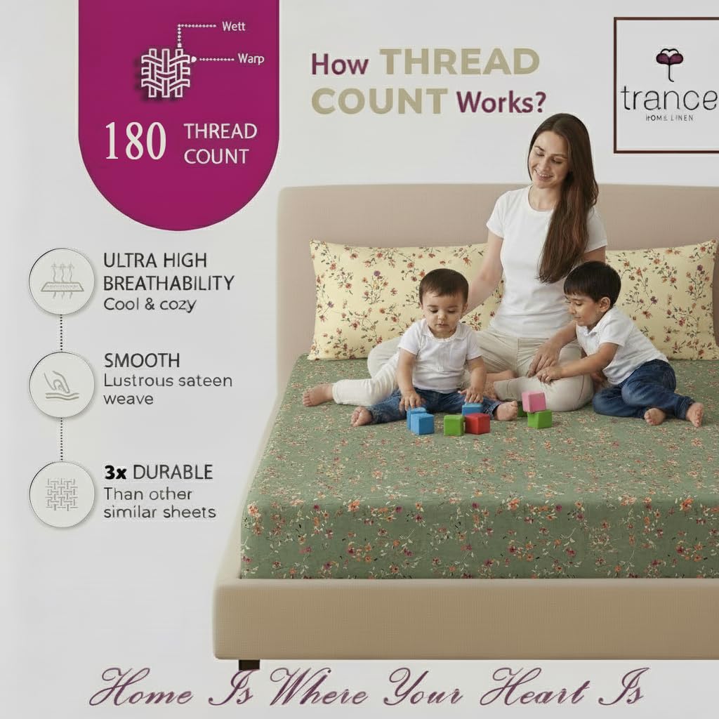 100% Cotton 180TC Printed Flat Bedsheet with Pillow Covers - Lilly ivory green