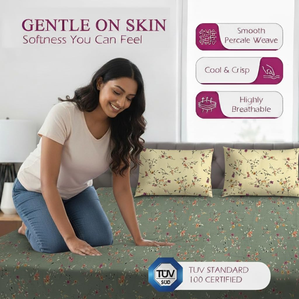 100% Cotton 180TC Printed Flat Bedsheet with Pillow Covers - Lilly ivory green