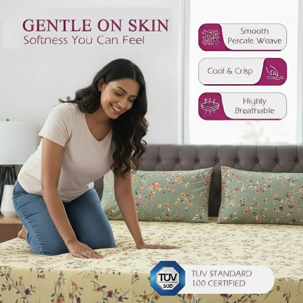 100% Cotton 180TC Printed Flat Bedsheet with Pillow Covers - Lilly ivory green