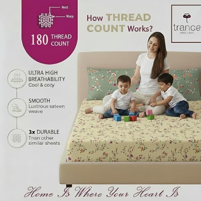 100% Cotton 180TC Printed Flat Bedsheet with Pillow Covers - Lilly ivory green