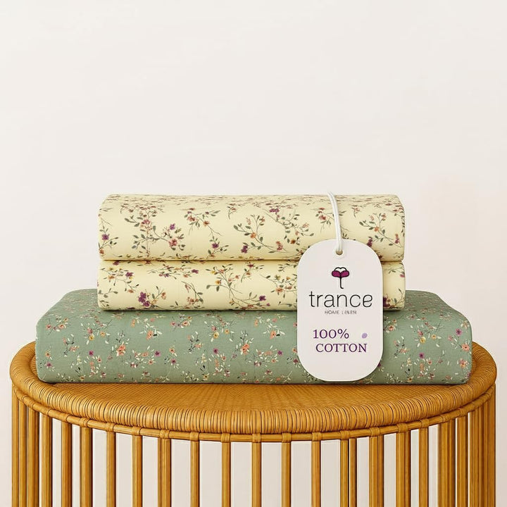 100% Cotton 180TC Printed Flat Bedsheet with Pillow Covers - Lilly ivory green