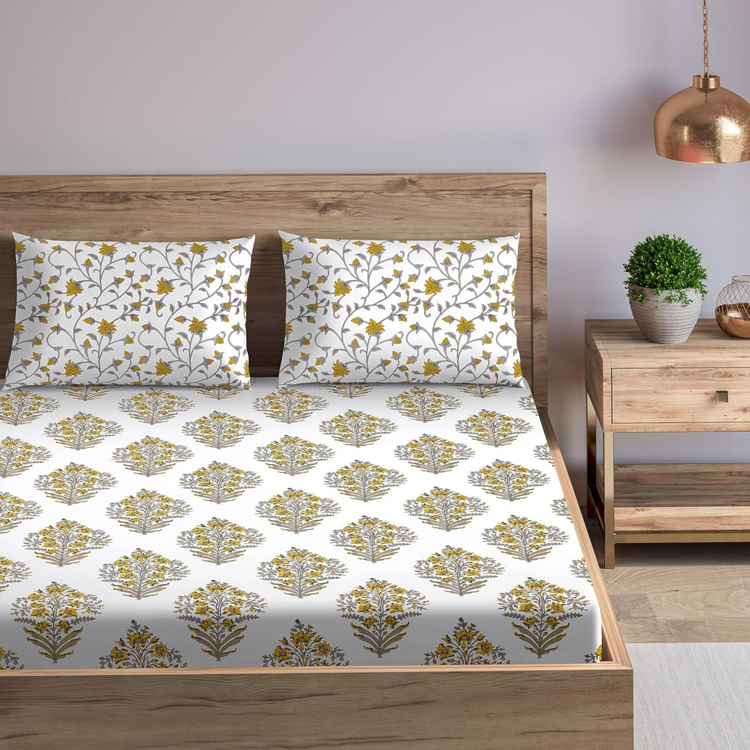 100% Cotton 180TC Printed Flat Bedsheet with  Pillow Covers - Madhuban