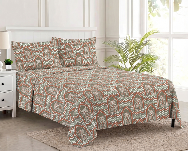 100%-Cotton 144TC-Bedsheet-King Size Printed Flat Bedsheet with 2 Pillow Covers-Mihrab