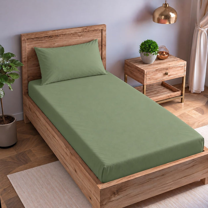Single size Cotton Percale Fitted Bedsheet with 2 Pillow Cover (100% Cotton & 200 TC)