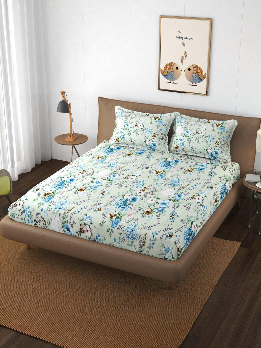 Premium Cotton Printed Fitted Bedsheet with Pillow Covers (Vintage Woods & 250 TC) - Trance Home Linen