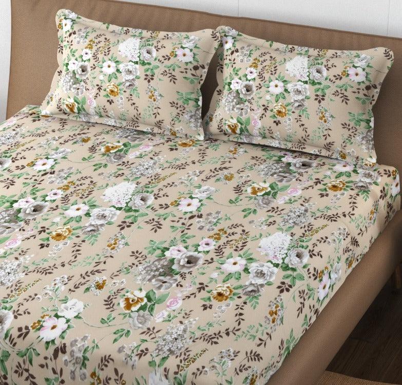 Premium Cotton Printed Fitted Bedsheet with Pillow Covers (Vintage Woods & 250 TC) - Trance Home Linen