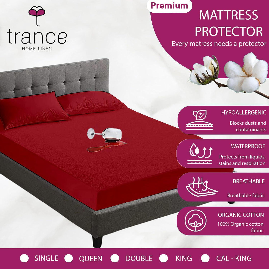 Premium Cotton Terry Elasticated Fitted Style Waterproof Mattress Protector (Maroon) - Trance Home Linen