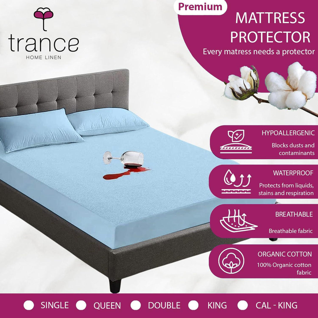 Premium Cotton Terry Elasticated Fitted Style Waterproof Mattress Protector (Sky Blue) - Trance Home Linen