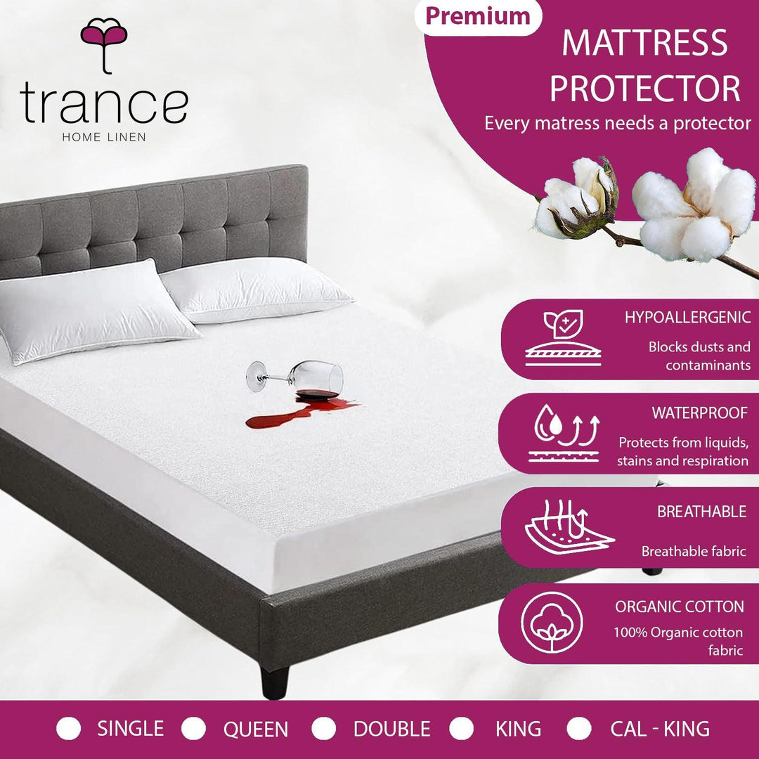 Premium Cotton Terry Elasticated Fitted Style Waterproof Mattress Protector (White) - Trance Home Linen