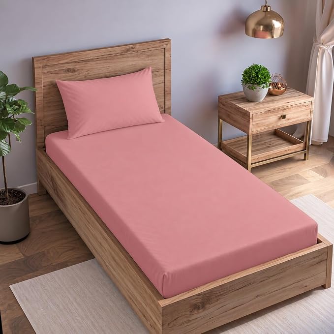 Single size Cotton Percale Fitted Bedsheet with 2 Pillow Cover (100% Cotton & 200 TC)