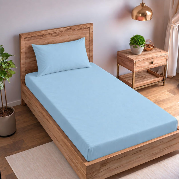 Single size Cotton Percale Fitted Bedsheet with 2 Pillow Cover (100% Cotton & 200 TC)