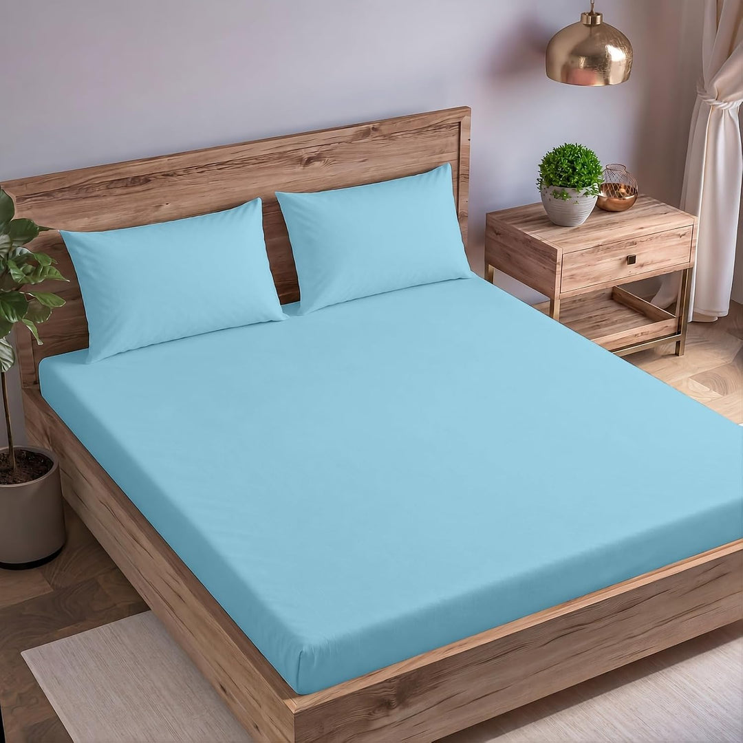 Cotton Queen  Percale Fitted Bedsheet with 2 Pillow Cover (100% Cotton & 200 TC)