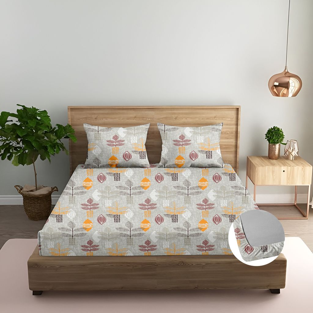 Cotton Printed Flat Bedsheet with Pillow Covers (Textured Leaves 100% Cotton & 144 TC)