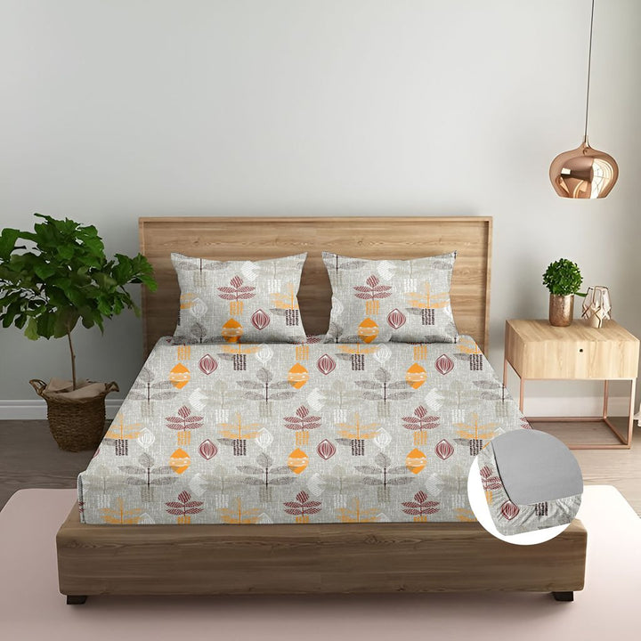 Cotton Printed Flat Bedsheet with Pillow Covers (Textured Leaves 100% Cotton & 144 TC)