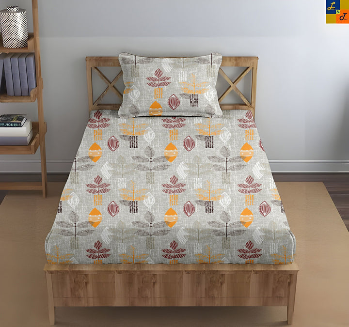 Cotton Printed Flat Bedsheet with Pillow Covers (Textured Leaves 100% Cotton & 144 TC)