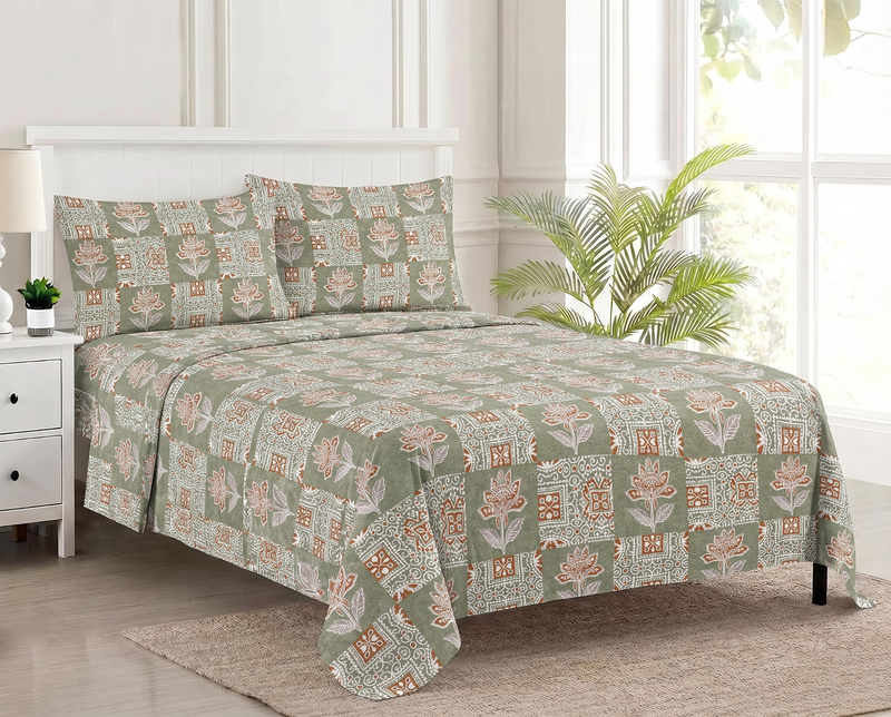 100%-Cotton 144TC-Bedsheet-King Size Printed Flat Bedsheet with 2 Pillow Covers-Ajrak