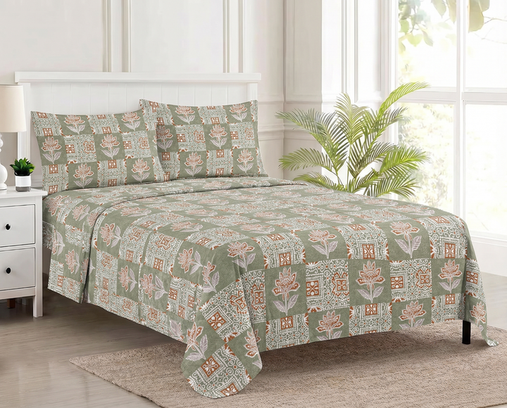 100%-Cotton 144TC-Bedsheet-King Size Printed Flat Bedsheet with 2 Pillow Covers-Ajrak