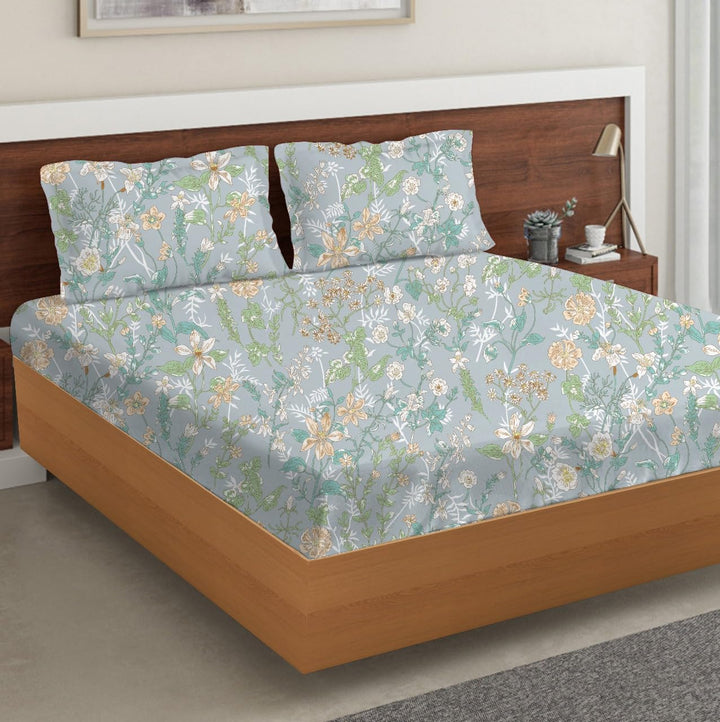 180TC 100% Cotton Printed Fitted Bedsheet with Pillow Cover