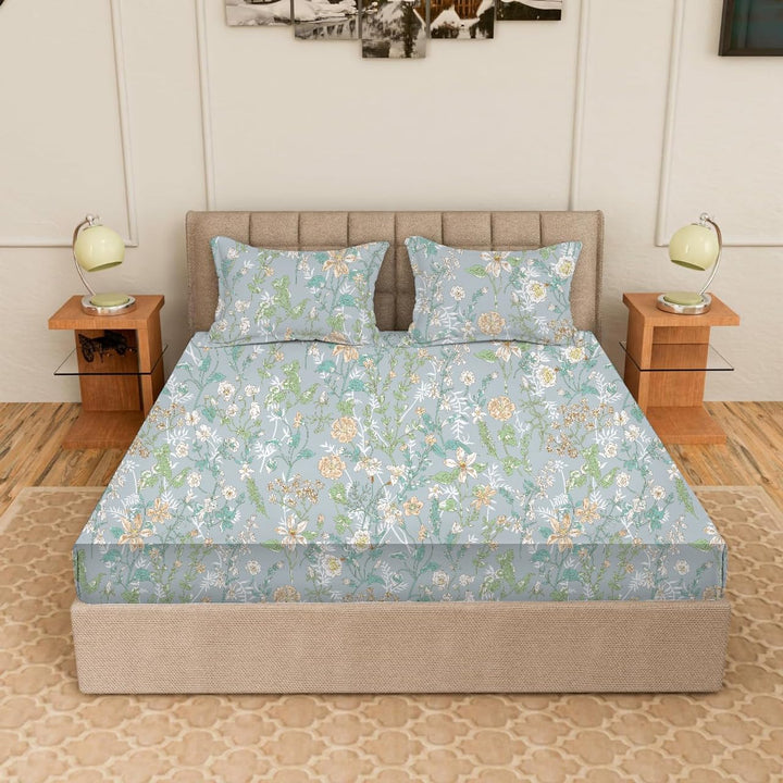 180TC 100% Cotton Printed Fitted Bedsheet with Pillow Cover