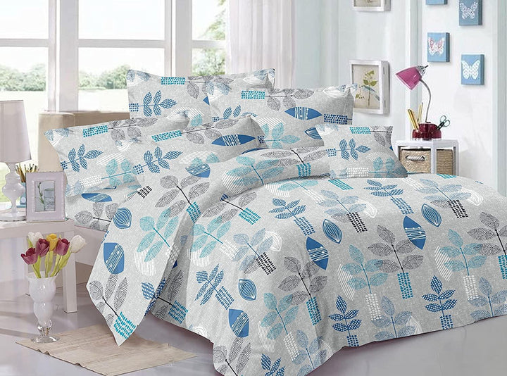 Zippered 100% Cotton 144TC Duvet Cover with 2 pillow Covers - Textured Leaves Blue - Trance Home Linen