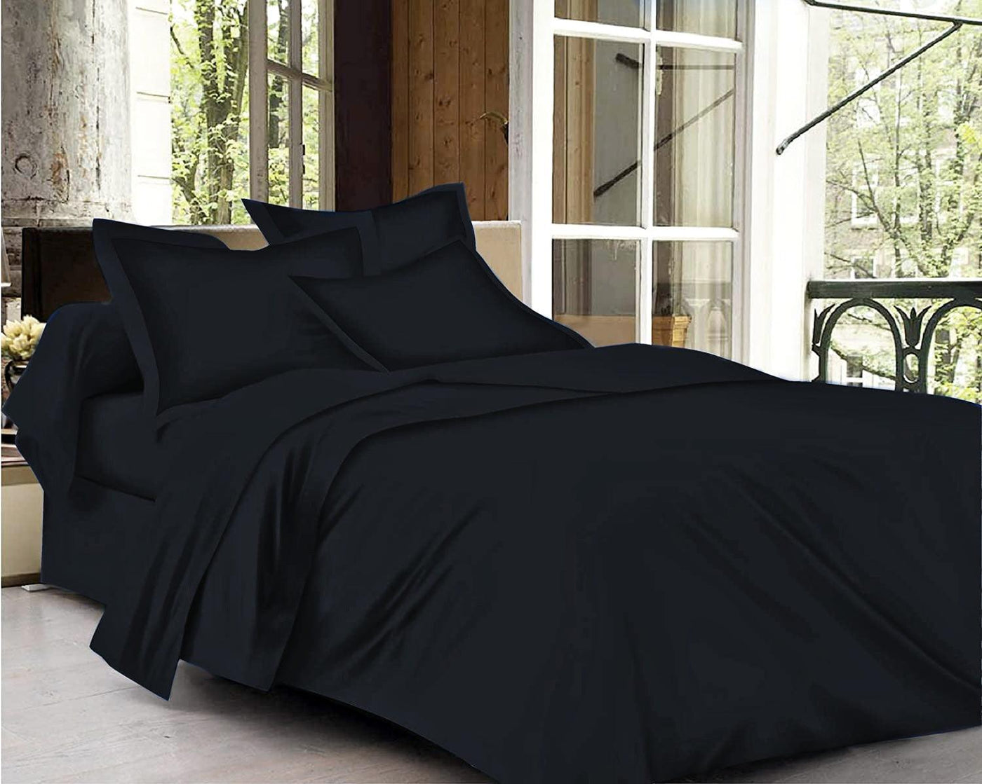 Trance Home Linen Cotton 400TC Plain Bed Sheet with Pillow Cover- Black