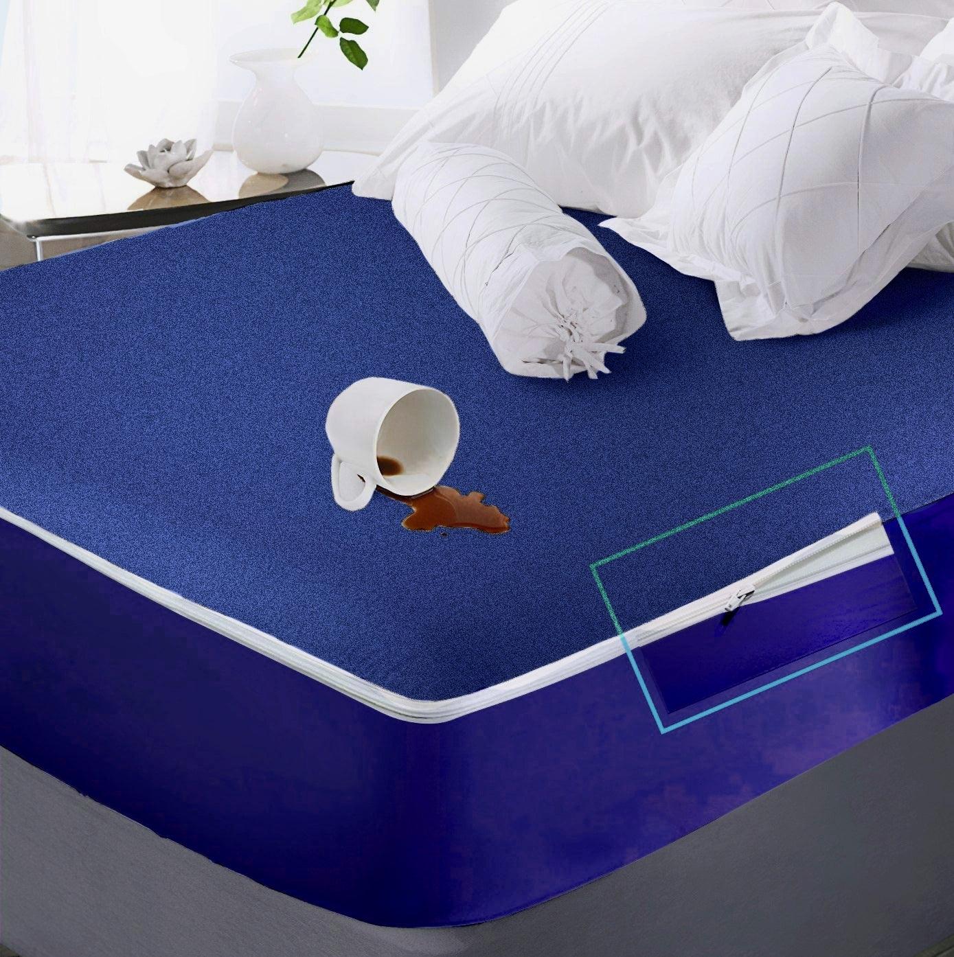 Cotton-Terry-Waterproof-ZIPPERED-ENCASED-Mattress-Protector-INK-BLUE